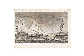 Direx, Benard / Berolini, Daniel Berger. Pirogues des Isles des Amis / Vista de la Isla de Ulietea. Ca. 1774 / 1778. Engravings. Pieces: 2.