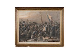 Gravé par Jazet - Peint par Steuben. Retour de L'Île d’Elbe. (7 Mars 1815). 19th Century. Colored lithograph, 19.2 x 25.5"(49 x 65cm). Framed.