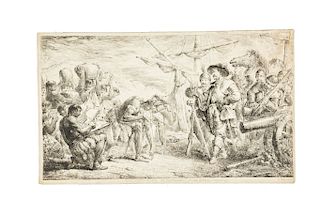 Rode, Christian Bernhard. Cortes Erhält Gesandten von Montezuma. Berlin, 1785. Aquatint, 9.4 x 15.9" (24 x 40.5 cm).
