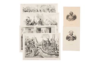 Turgis L. & Files / Letre. Views of the Conquest and Mexican Emperors. Lithographs 14 x 19.6" (36 x 50 cm) and 7.4 x 5.9" (19 x 15 cm). Pieces: 6.