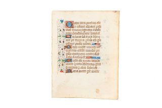 Anonymous. Hoja Iluminada ("Illuminated Page").Mid-15th Century.5.9 x 4.5"(15 x 11.5 cm).Medieval manuscript on parchment from a French Book of Hours.