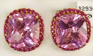 Pair of Lady's Pink Topaz, Ruby and 18 Karat White and Yellow Gold Earrings
