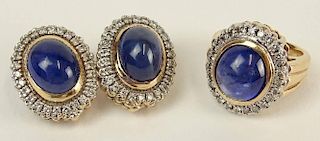 Lady's Three (3) Piece Cabochon Sapphire, Round Cut Diamond and 14 Karat Yellow Gold Ring and Earring Suite