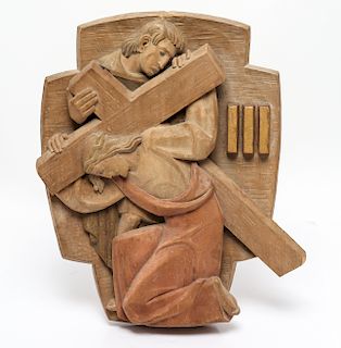Carved Wood Station of the Cross Relief Sculpture