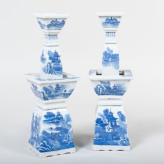 Pair of Chinese Blue and White Porcelain Tapering Candlesticks