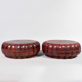 Pair of Large Chinese Red Lacquer and Parcel-Gilt Lobed Boxes