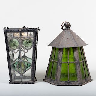 Two Arts and Crafts Style Metal and Stained Glass Lanterns