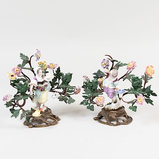 Pair of Painted and Gilt-Metal-Mounted Samson Porcelain Two-Light Candelabra