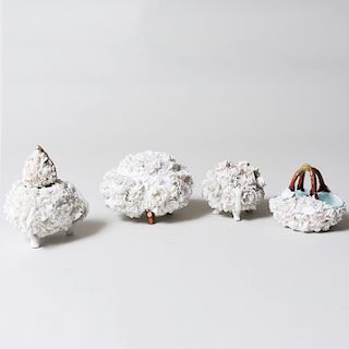 Group of Four Continental Flower Encrusted Porcelain Table Articles