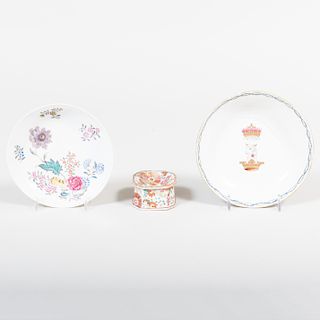 Chinese Export Porcelain Salt Cellar and Two Saucers