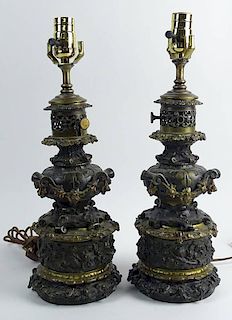Pair of Art Nouveau Period Polychrome Bronze Lamps with Floral Motif