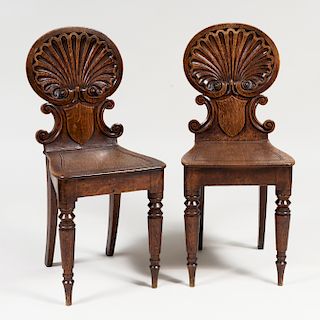 Pair of English Carved Oak Hall Chairs