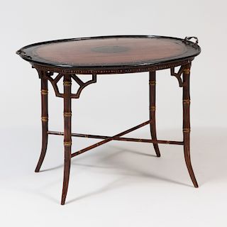 Unusual William IV Brass Inlaid Mahogany and Ebony Tray on Faux Grained Stand 