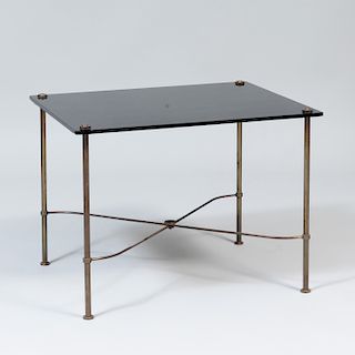 Modern Brass-Mounted Black Glass Low Table, in the manner of Maison Jansen