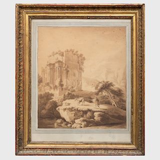 Italian School: Arcadian Landscape with a Ruin and Traveler