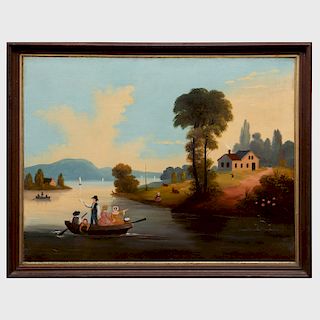 European School: River Landscape With Figures Fishing, Buildings and a Bridge with Distant Mountains