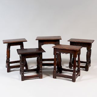 Group of Four English Carved Oak Joint Stools and a Carved Fruitwood Joint Stool