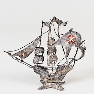 Continental Silvered Metal Filigree Model of a Ship