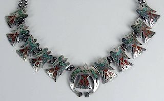 Vintage Native American Indian Sterling Silver, Turquoise and Coral Eagle Necklace