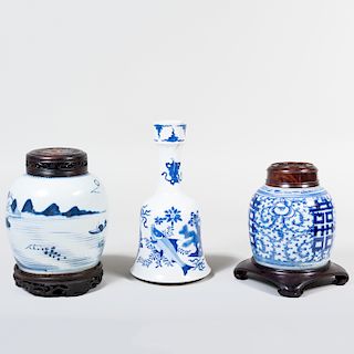 Two of Chinese Blue and White Porcelain Ginger Jars and a Chinese Porcelain Mallet Form Vase