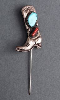 Navajo Silver Turquoise & Coral Cowboy Boot Pin