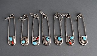 Group of Navajo Turquoise & Coral Pins, 7 Pcs