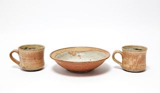 Danish Modern Style Art Pottery 2 Mugs & Bowl 3
