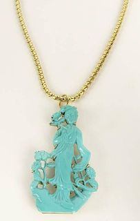Vintage 18 Karat Yellow Gold Snake Link Chain with Carved Turquoise and 14 Karat Yellow Gold Pendant depicting Guanyin
