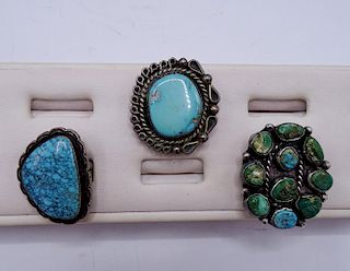 3 STERLING SILVER & TURQUOISE RINGS, GEM SPIDER WEB, BEAUT & NAVAJO