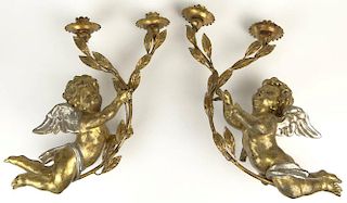 Pair of 19/20th Century Continental Carved & Gilt Wood and Gilt Metal Figural Cherub Two (2) Light Candle Sconces