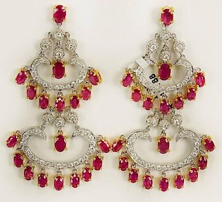 Pair of Lady's approx. 12.88 Carat Ruby, 1.92 Carat Diamond and 14 Karat Yellow and White Gold Chandelier Earrings