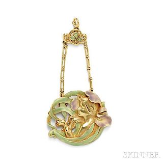 Art Nouveau 18kt Gold and Enamel Pendant, Andre Rambour
