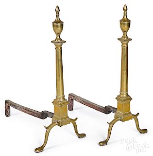 Pair of Federal brass urn top andirons