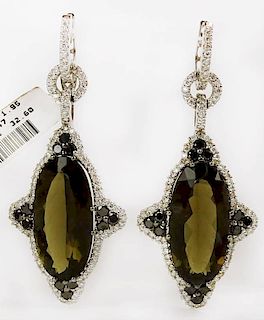 Pair of Lady's approx. 2.47 Carat Diamond, 1.96 Carat Black Diamond, 32.60 carat Smokey Quartz and 18 Karat White Gold Earrings