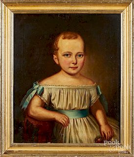 Oil on canvas portrait of a child with rattle