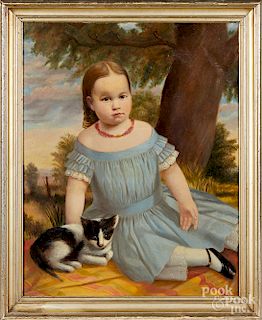 Oil on canvas portrait of a young girl with cat