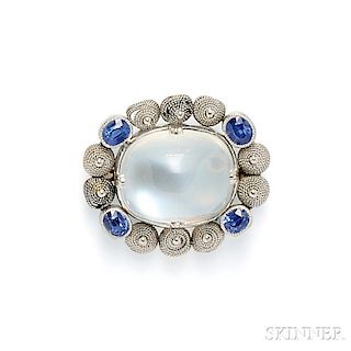 Arts & Crafts Moonstone and Sapphire Brooch, Tiffany & Co.