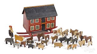 Painted Noah's Ark and carved animals