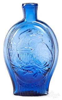 Sapphire blue glass Columbia and eagle pint flask