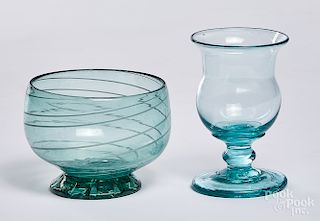 Blown aquamarine glass open sugar bowl, etc.
