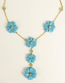 Lady's Carved Turquoise, approx. 1.30 Carat Diamond and 14 Karat Yellow Gold Necklace