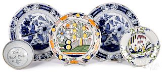 Pair of Delft blue and white chargers, etc.