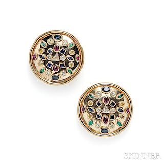 18kt Gold Diamond and Colored Stone Earclips, Demner