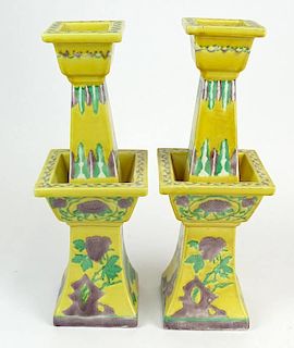 Pair of Chinese Famille Jaune Porcelain Candleholders