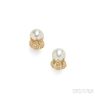 18kt Gold, Baroque South Sea Pearl, and Diamond Earclips