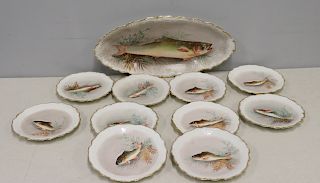 Limoges Porcelain Fish Platter And 10 Plates.