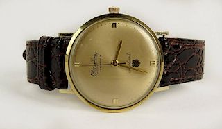 Man's Vintage Lucien Picard 10 Karat Yellow Gold Filled Seashark Automatique Watch with Leather Strap