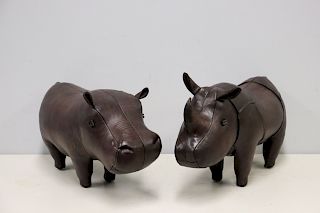 Vintage Leather Hippo And Rhino Foot Stools.