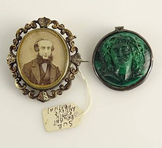 Victorian Yellow Metal Mourning Pendant/Brooch Together with .915 Silver Mounted Carved Malachite Pendant/Brooch