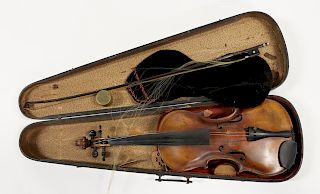 Antique Violin And Signed Bow In Hard Case.